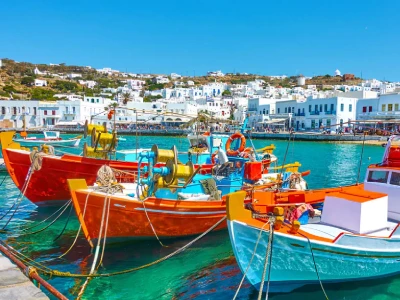 3 boats at Mykonos' old port