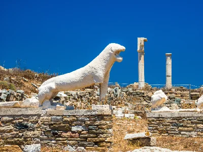 Ancient ruins in the island of Delos in Cyclades, one of the most important mythological, historical and archaeological site