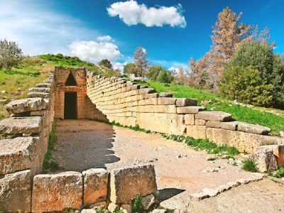 Mycenae, Greece. Tomb of Clytemnestra at the archaeological site, blue sky, sunny day