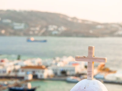 View of traditional greek village with white houses on Mykonos Island, Greece