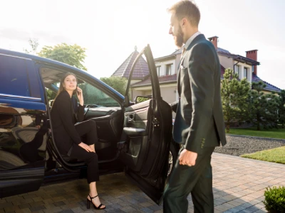 Young man personal driver waiting for his female client