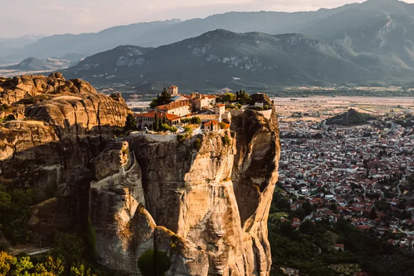 Aerial Drone View of Monastery in Meteora, Greece Golden Hour Sunset Sunrise