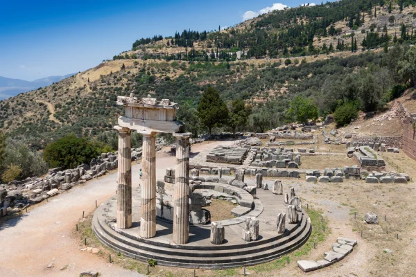 Aerial view of archaeological site of ancient Delphi.