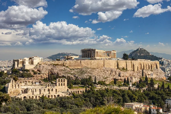 Athens, Greece. Acropolis and Parthenon temple from Philopappos Hill.