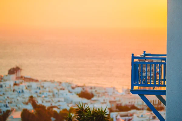 Beautiful colorful sunset of amazing greek town Mykonos