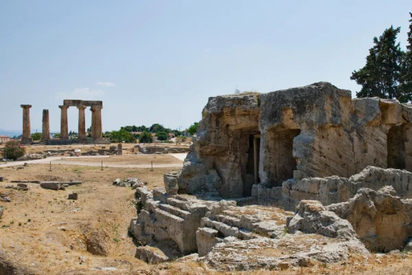 Brown Rock Formation in Corinth Under the Blue Sky