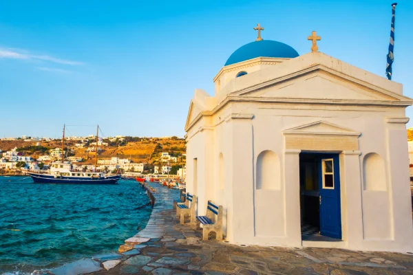 Church at sunset on island Mykonos, Greece