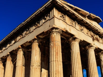 Hephaestus temple on blue sky background in Athens, Greece.