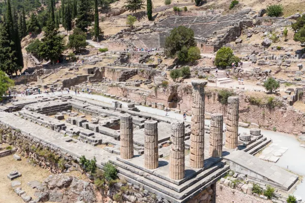 Panoramic view of archaeological site of ancient Delphi.