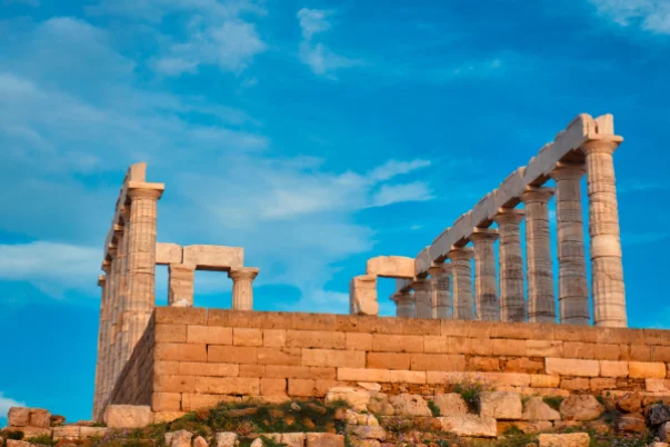 Poseidon temple ruins on Cape Sounio in Athens on sunset