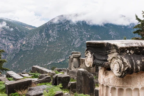 Ruins of an ancient temple, Temple Of Apollo At Delphi Oracle, Greece.