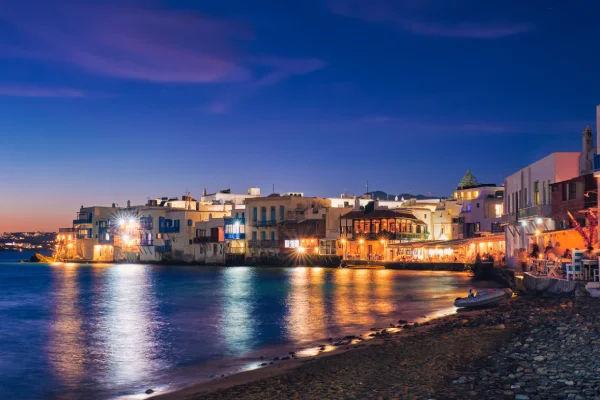 Old white houses in Mykonos, Greece