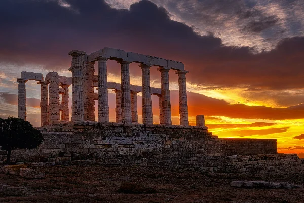 Temple of Poseidon during Sunset in Sounio, Greece