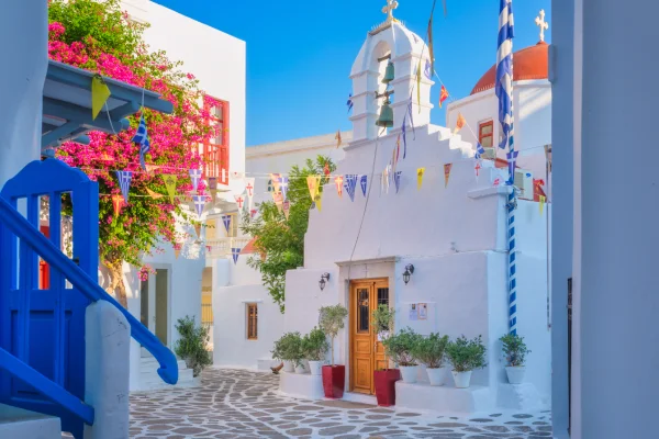 The island of Mykonos, Greece. Streets and traditional architecture.