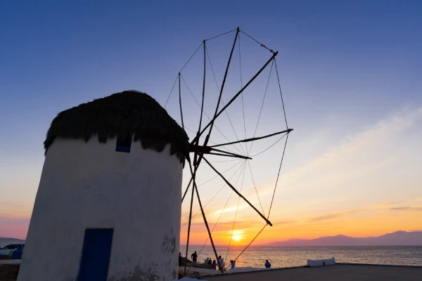 Windmill at sunset, Mykonos Town, Cyclades, Greece