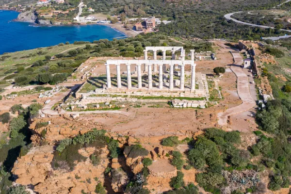 temple of poseidon in cape sounio panoramic view