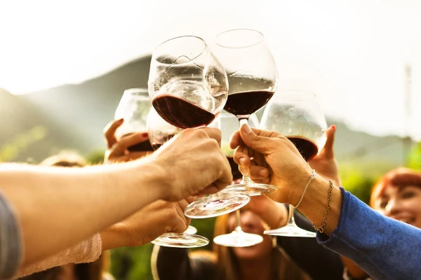 Several people are toasting with glasses of red wine outdoors, in Greece.